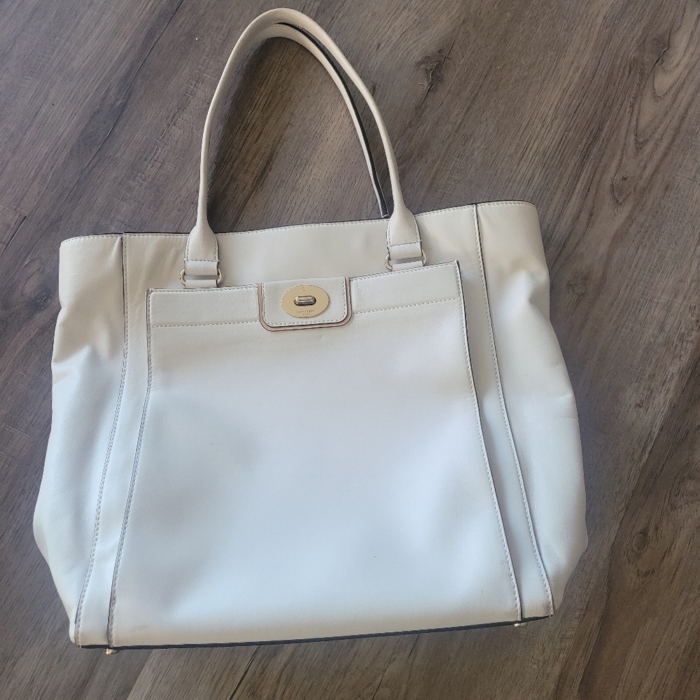 Kate Spade Large Off White Leather Tote  Black & White Striped Inner Fabric EUC